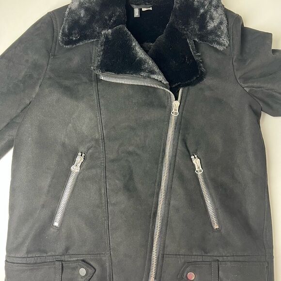 H&M Faux Fur-lined Biker Jacket Black Full Zip Aviator Size 8 - Picture 9 of 15